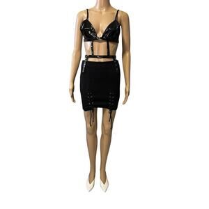 Chic Black PVC Two-Piece Set with Lacing Details
